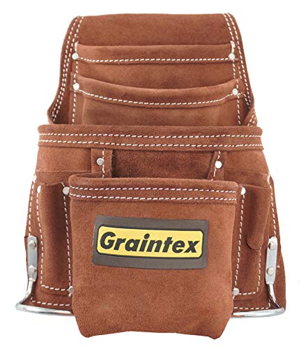 Graintex SS2970 10 Pocket Nail & Tool Pouch Brown Color Suede Leather for Handymen, Contractors, Constructors, Electricians, Plumbers