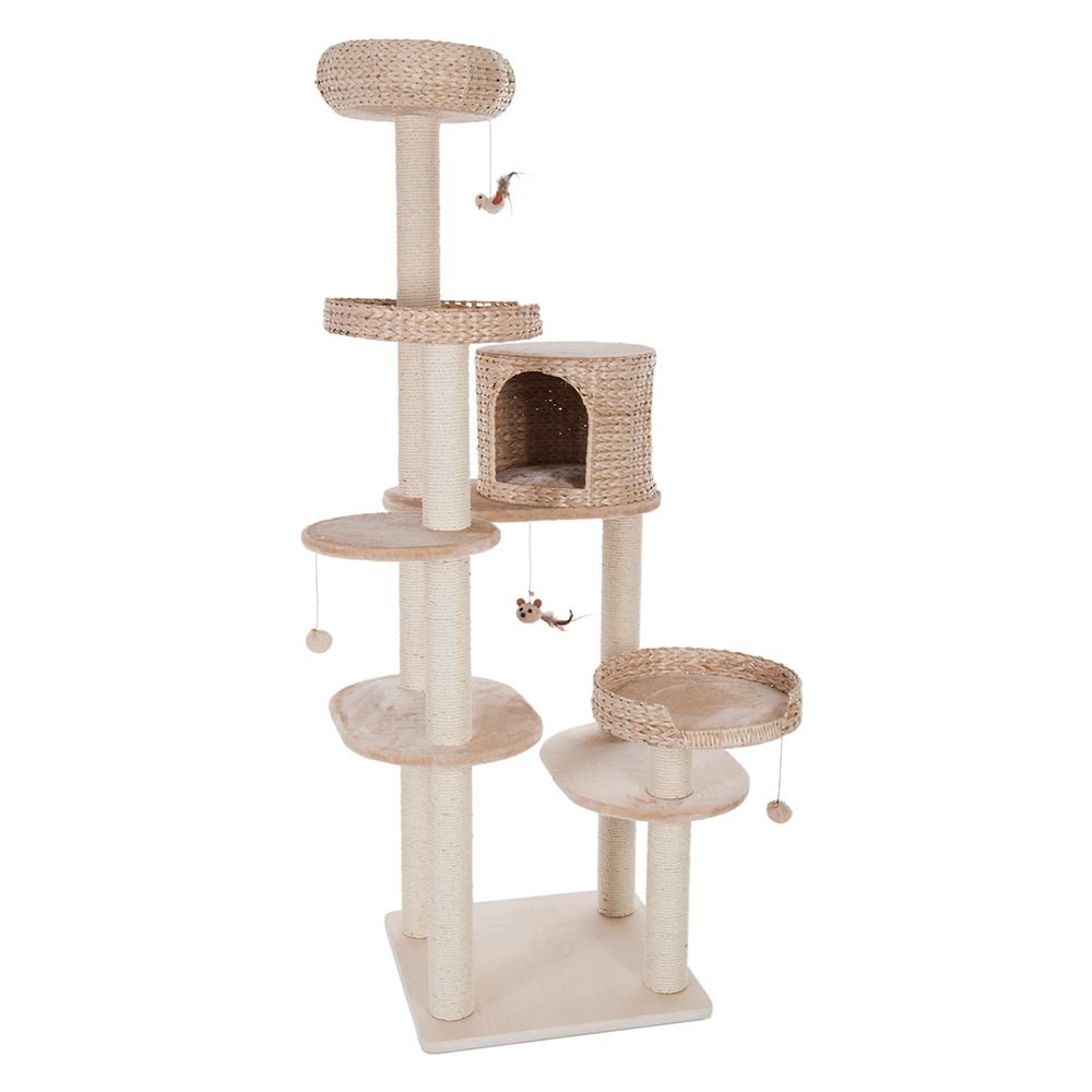 Árbol rascador Natural Home IV, ideal para grandes familias de gatos, con jacinto de agua y placa de suelo de madera auténtica, altura: 192 cm