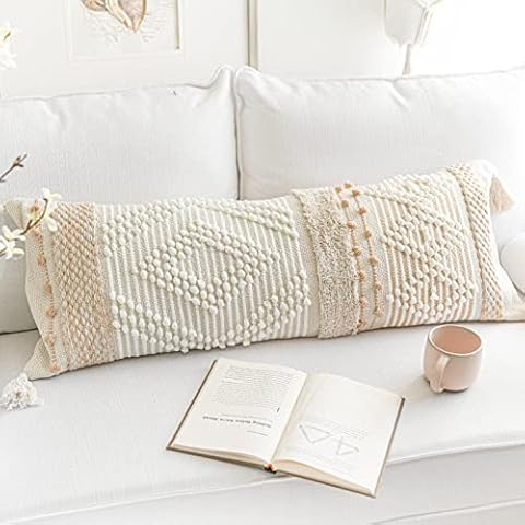 BlissBlush Beige White Decorative Lumbar Pillow Cover 14X36, Boho Long Lumbar Pillow for Bed, Neutral Textured Body Pillow Cover, Bohemian Woven Lumbar Pillow for Couch (Cover ONLY, 14X36 INCH) Cover