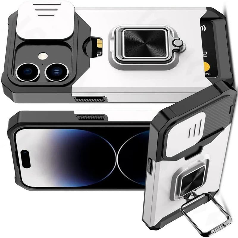 Image of LuxuryKase Shockproof Armor Case for iPhone 16 Plus | Slide Camera Cover | Hidden Card Slot | Rotating Ring Kickstand | Magnetic Car Mount Support | Military Grade Protection - White