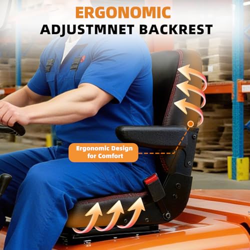 Image of Universal Forklift Seat, Fold Down Tractor Seat with Adjustment Armrest, Safety Belt and Operator Position Switch, Excavator Skid Loader Backhoe Dozer Telehandler