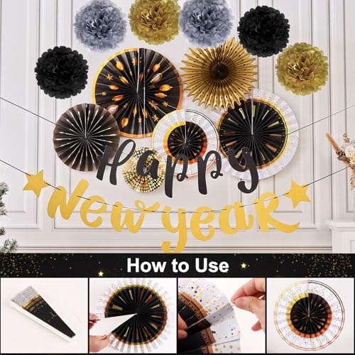 Image of SUNBEAUTY New Years Eve Party Supplies 2026, Happy New Year Decorations Black Gold Hanging Paper Fans Tissue Pom Poms Happy New Year Banner for 2026 New Year Party Favor Supplies Decorations