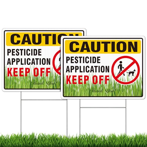 AUYKTE 2 Pcs Caution - Pesticide Application, Keep Off Yard Sign with H-Stake, 12.6 X 9.4 inches Corrugated Plastic, Double Sided, Weatherproof, Weather Resistant, Easy to Mount