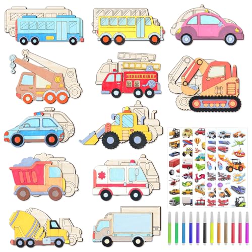 36Pcs Unfinished Wooden Craft,Mini Construction Vehicles Wood Cutouts Arts and
