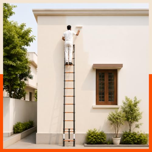 Image of Bathla 14.5 ft Steel Telescopic Ladder | Portable & Compact | Foldable Multipurpose Step Ladder for Home & Outdoor use