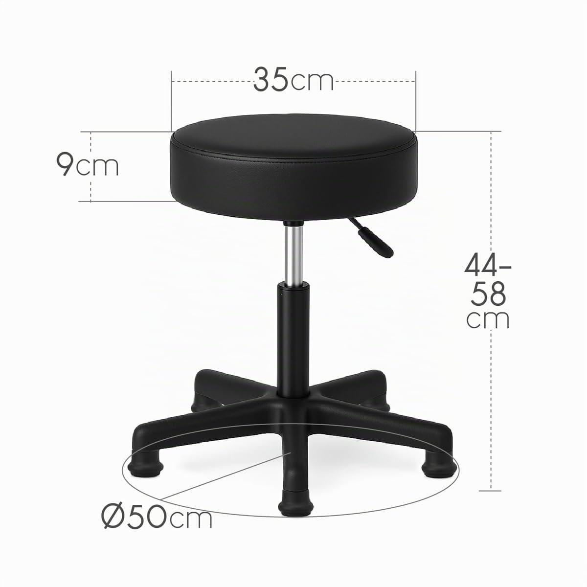 Sgabello girevole senza ruote - Altezza regolabile 44-58 cm - Piedi Fisse - Seduta comoda similpelle nera - Stabile per casa e postazione di lavoro