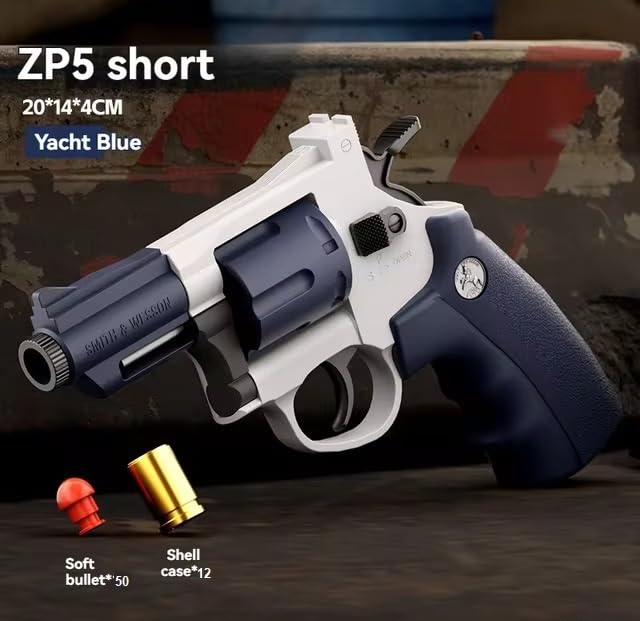 Image of Revolver Toy Gun| Real Looking Plastic Airsoft Gun Pistol Fully Automatic | 12 Bullet Shell' and 50 Bullets Included(White+Blue)