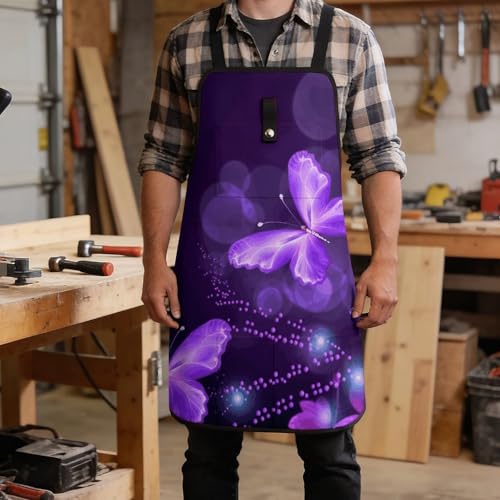 Delantal de trabajo morado con 8 bolsillos y tirantes cruzados ajustables miniatura 5