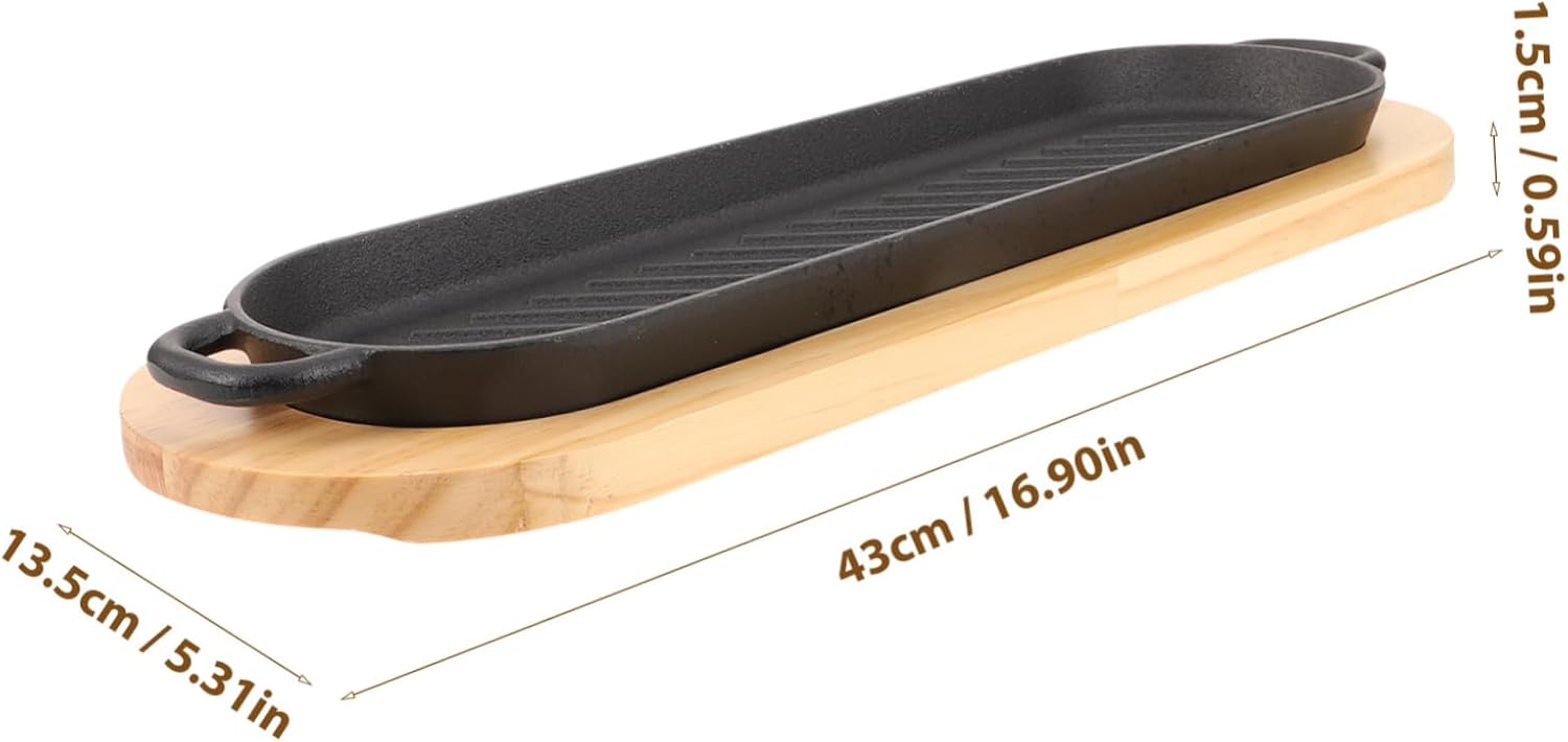 Zerodeko Cast Iron Steak Serving Plate with Dual Handles and Wooden Base Grill Pan for Even Heat Distribution for Steaks Fish and Bbq Cooking Practical and Portable Grill Tray