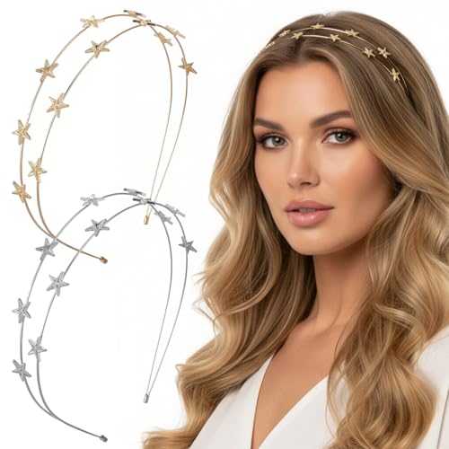 2 Pcs Gold Star Headband Star Headbands for Women Gold & Silver Bridal Wedding Crown Headband Double Row Five-Pointed Glitter Stars Headpiece Elastic Hair Hoop for Women Tiara