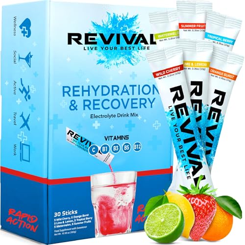 Revival Rapid Rehydration Electrolytes Powder - High Strength Vitamin C B1 B3 B5 B12 Supplement Sachet Drink Effervescent Electrolyte Hydration Tablets - 30 Pack Assorted Flavours