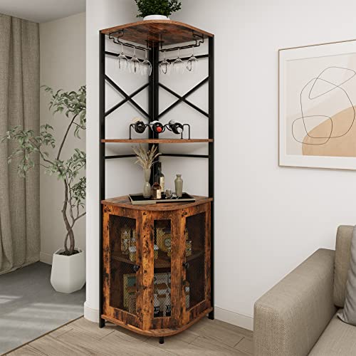 Osfvolr Bar Cabinet w/Wine Rack and Glass Holder, Corner Cabinet with Mesh Door, Corner Bar Cabinet with Adjustable Shelf, Liquor Cabinet Bar for Home, Rustic Brown - Image 5
