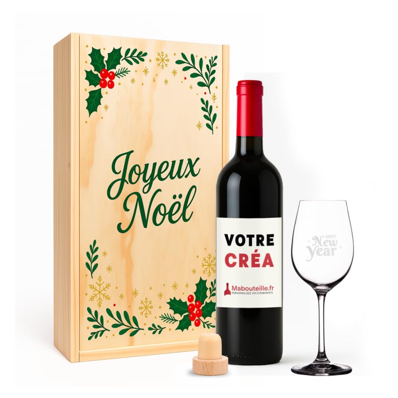 Coffret vin JOYEUX NOËL - Oenologie coffret avec vin personnalisé & accessoires [ Coffret sommelier personnalisé ] (Bordeaux Rouge 1)