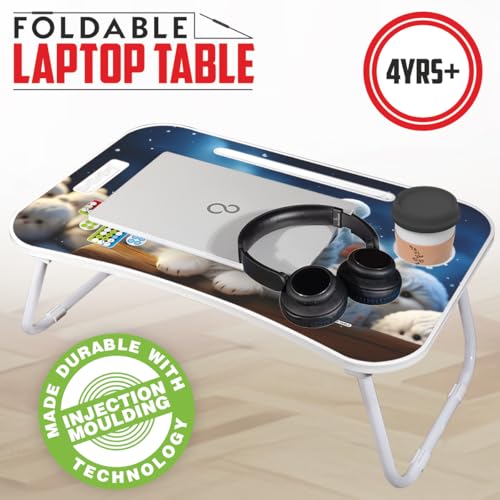 Image of Amazon Brand - Jam & Honey Foldable Laptop Table for Kids 4+ Years, Portable Study Bed Desk with Cup Holder, Tablet Stand & Ludo Game, Cute Cat Design, BIS Certified Safe