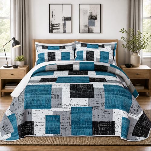 Image of Tyrot 3 Piece Teal Blue Quilt Full /Queen Black White Gray Bedding Set