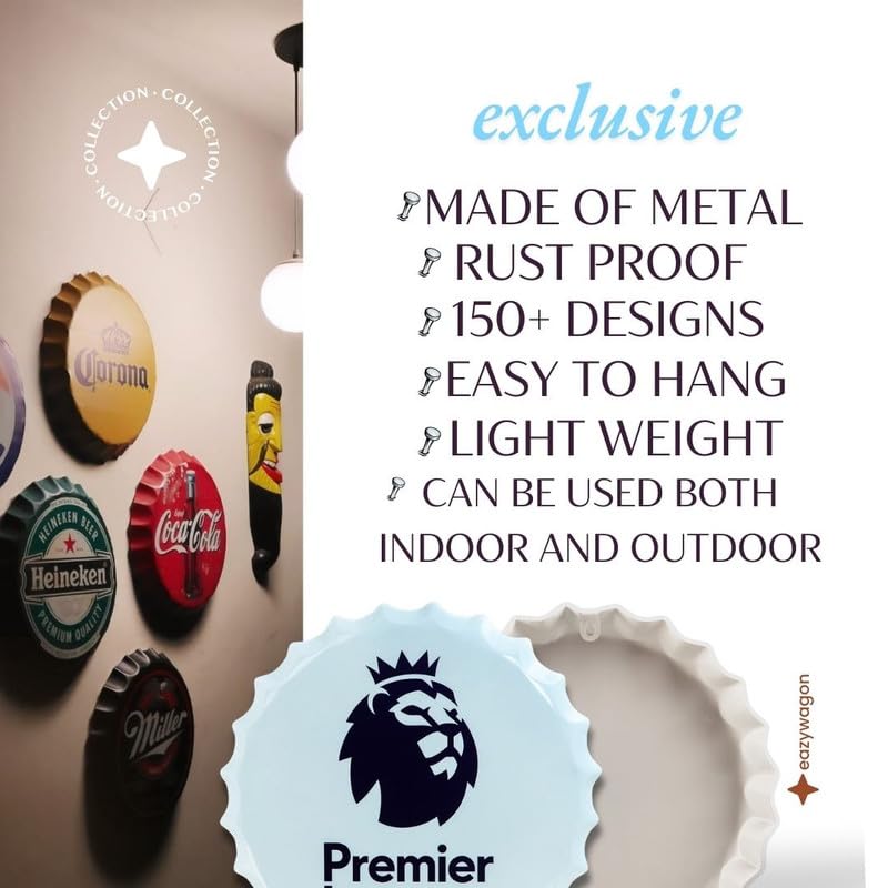 Image of EAZYWAGON Decorative Metal Bottle Caps Wall Sign Plates - 14X14 Inches - Premier League | Metal Wall Hanging Bottle Cap for Home, Farmhouse, Bar & Cafe Decoration | Vintage & Retro Look Plaques