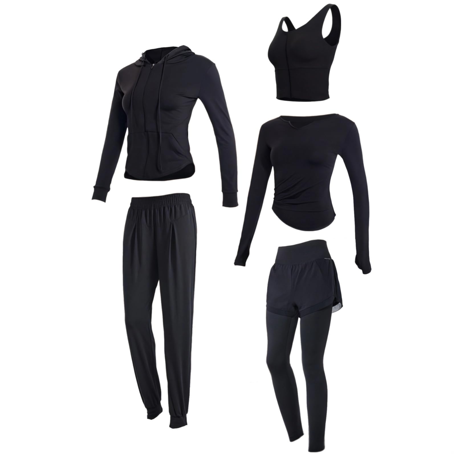 Conjunto deportivo de 5 piezas para mujer, camiseta de yoga de manga larga, tela transpirable, se adapta a mujeres de 5 pies a 5 pies 11, 175 libras a 330 libras