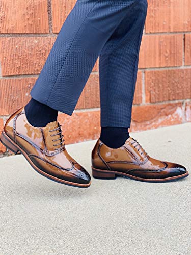 Image of CALTO Men's Invisible Height Increasing Elevator Shoes - Dark Brown Patent Leather Lace-up Wing-tip Formal Oxfords - 3 Inches Taller - S1017 - Size 6 D(M) US