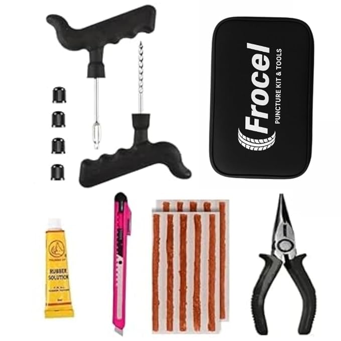 Universal Tubeless Tire Puncher Kit Emergency Flat Tire Repair Patch Puncture Kit for Car, Bike, SUV, & Motorcycle (with Storage Bag, Knief, Heavy Plier)