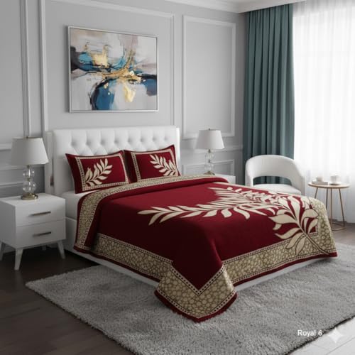 Image of Fresh from Loom Printed Bedsheet Leaf Print Print Bedsheet Set, Crafted in Chenille 500 TC Fabric with 2 Pillow Covers, Comfortable Breathable Bed Cover, B 90x100 Inches | Leaf Mahroon | Chenille