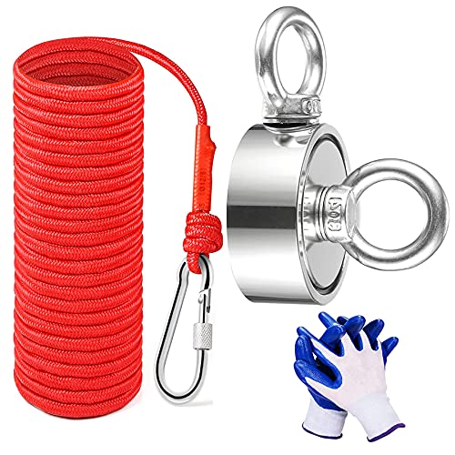 Uolor Double Faces Aimant Néodyme avec Corde (20M/66ft) - Combiné 340Kg Extrêmement Traction Puissant Rond Pêche Aimants Idéale pour Pêche À L'aimant et Chasse Au Trésor - Diamètre 67mm Cover