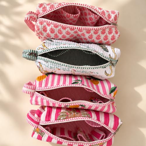 Image of Dyson Airwrap Travel Storage Bag Compatible with Hair Styler & Attachments - 100% Cotton Quilted Organizer with 6 Compartments & Carry Handle |Multi use Toiletry, Makeup & Hair Pouch (Lemon-Pink)