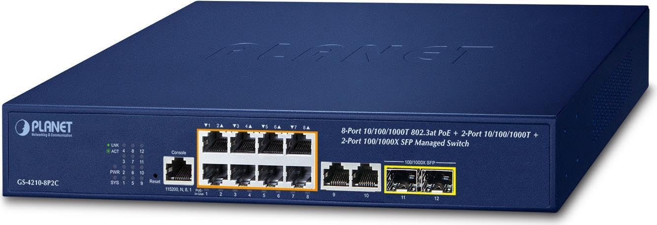 Planet IPv4/IPv6, 8-Port Géré 802.3at POE+ Gigabit Ethernet, W126582752 (802.3at POE+ Gigabit Ethernet Switch + 2-Port 10/100/1000Mbps RJ45 + 2-Port 100/1000X SFP)