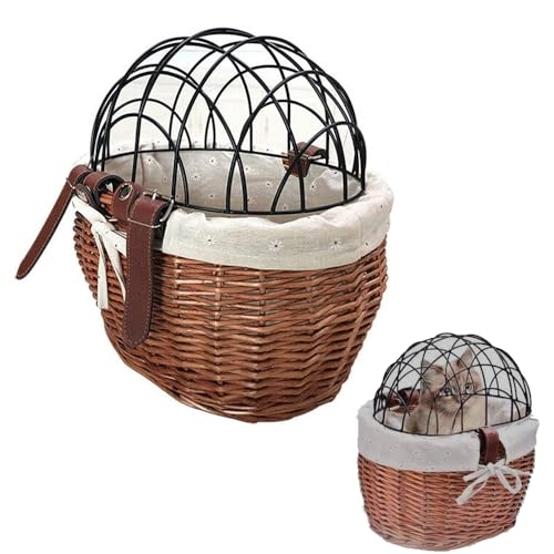 MUSONG Bike Pet Basket Front Carrier for Small Dogs & Cats, Natural Willow Woven Pet Bike Basket with Wire Mesh Cover