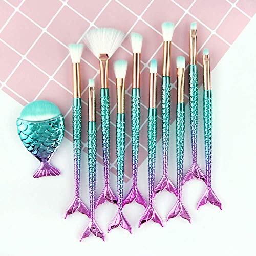 Hunjstroy Mermaid Makeup Brushes, 11PCs Professional Makeup Brush Set Foundation Face Powder Eyeshadow Blending Blush Brush Color Cosmetic Kits