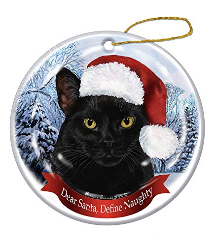 Pet Gifts USA Holiday Pet Gift Black Shorthair Cat Santa Hat Porcelain Christmas Tree Ornament