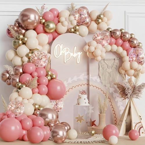 Arco Globos Rosa Beige Dorado, 128 piezas Guirnalda de Globos Rosa Pastel Beige Blanco, Kit Globos para Cumpleaños, Decoración de Globos para Feliz Cumpleaños Bautizo Niña Mujer Compromiso Baby Shower