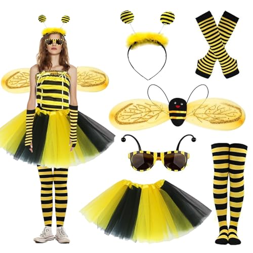 Deguisement Adulte Abeille,8 pièces Deguisement Femme Abeille Tutu avec Serre-tête d'abeille,Aile,Jupe en tulle,Chaussettes Rayées,Gants Longs,Autocollant...