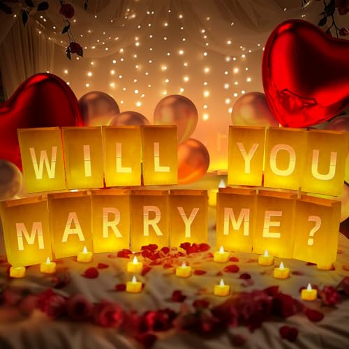 Will You Marry Me ? Light Up Letters Include Light up Letters with Tea Lights Candles Latex Balloons Aluminum Balloons and Rose Petals Anniversary and Valentines Day Decorations for Women