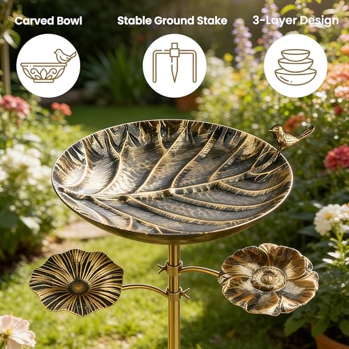 Image of 3-in-1 Triple Bowl Bird Bath Feeder Combo, Metal Birdbath for Outside | Black Gold Finish, 4-Claw Ground Stake, 11.8in Main Bowl, Two Side Bowls, Powder-Coated, For Outdoor Garden Yard