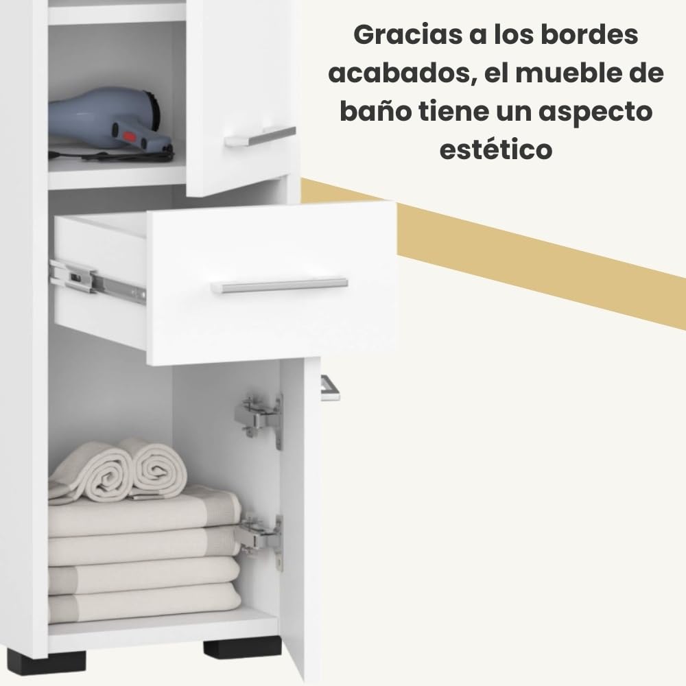 AKORD | Columna de baño Fin 85 | 30x85x30 cm, Peso 25 kg | 2 Puertas y 1 Cajón | Mueble Moderno | Mueble de Pared | Armario Cerrado de Suelo | También Adecuado como Armario Colgante | Blanco