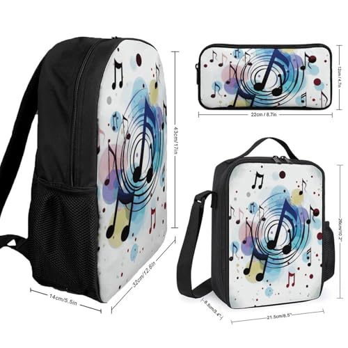 3 Piece Backpack for Women Men Lightweight Causal Daypack Shoulder Bag Set with Insulated Lunch Bag And Pencil Case Organizers Polka Dot Music Note2