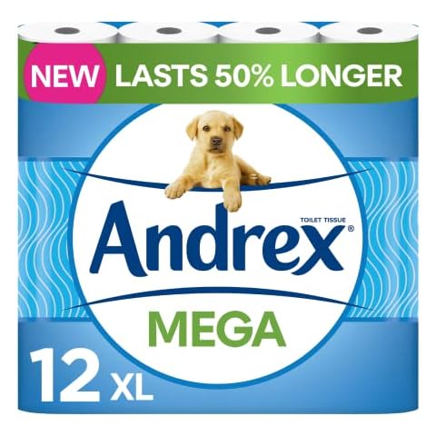 Andrex Classic Clean Mega Toilet Roll - 12 Mega XL Rolls - Same Quality Toilet Roll, Lasts Even Longer, 12 Mega Toilet Rolls = 18 Standard Toilet Rolls Cover
