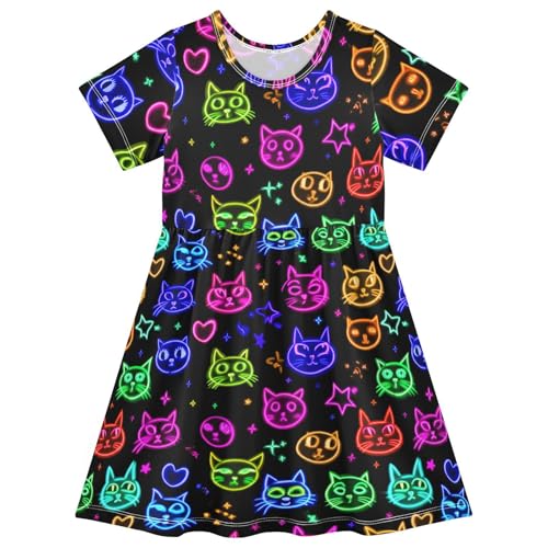 Neon Cat Starry Black Girls Summer Dress Toddler Casual Dresses Girl Short Sleeve Dress for Girls,2T