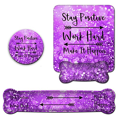 Mouse Pad Wrist Support and Keyboard Wrist Rest Set, Ergonomic Gel and Memory Foam Wrist Rest, for Computer Laptop, Wireless Mousepad Easy Typing, Stay Positive Work Hard Glitter Purple Mousepad