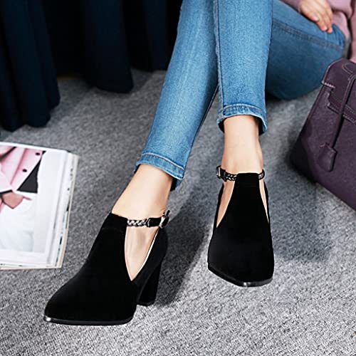 Women's Pointed Toe Chunky High Block Heel Pumps Suede T-Strap Mary Jane Comfort Office Dress Shoes4