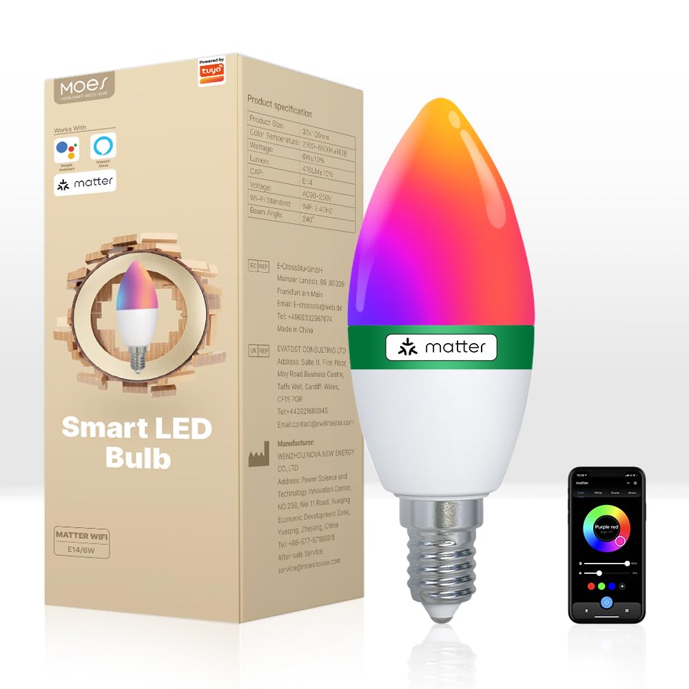 MOES Smart LED Bulb, E14 Base, RGBW Color Changing 2700K-6500K, 470 Lumens, 6W, Matter Standard Compatible, 2.4GHz WiFi Connectivity, Works with Alexa/Google Home/Apple Home (1P)