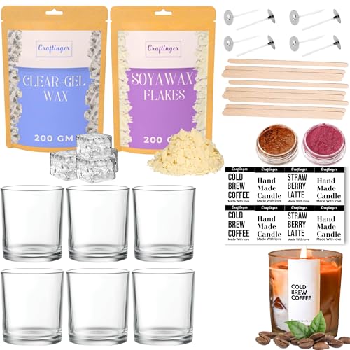Craftinger DIY Candle Making Kit - Complete Set With 400Gm SOYA Wax, Gel Wax, Jars, Wicks, Pigments, And Labels For Adults & Beginners,Multicolor