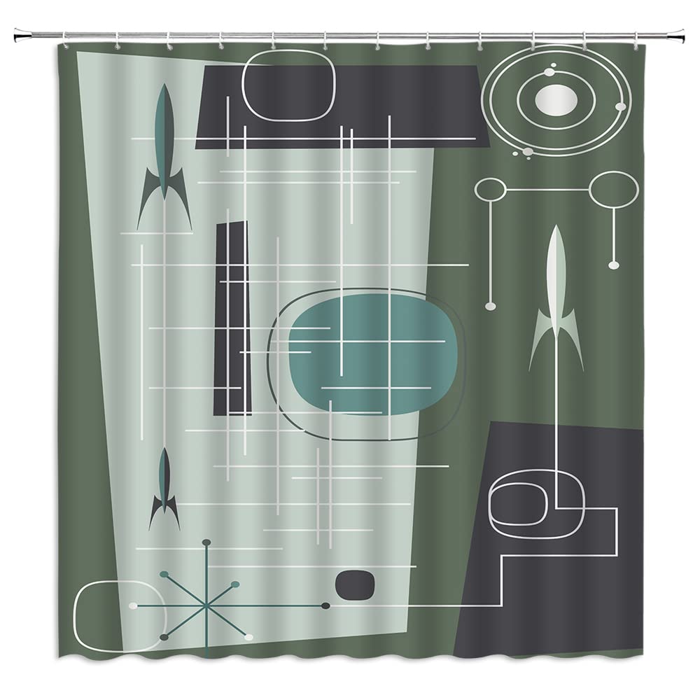 Mid Century Shower Curtain Vintage Iconic Atomic Starbursts Modern Retro Space Abstract Geometric Green Gray Fabric Bathroom Decor Set with Hooks(70"