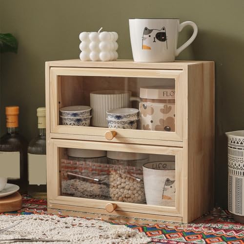 MJKQ9 収納ボックス 卓上食器棚 木製 可愛い キッチン収納棚 デスクトップオーガナイザー 家庭用 フロントオープン 香水 化粧品 お菓子 オーガナイザー 収納キャビネット 30*13*29cm 防塵 スタイル4 透明アクリル扉 ショーケース 組み立て