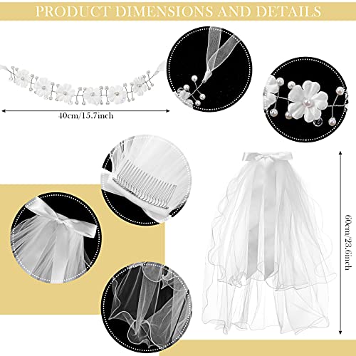 Xuhal 3 Pcs Girls First Communion Costume Set, White Lace Flower Girl Dress with Belt Floral Crown Head Wreath with Veil2