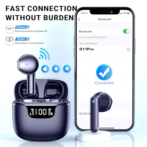 Image of Wireless Earbuds, Bluetooth 5.4 Headphones with 42H Ultralight Ear Buds,Bluetooth Earbuds with 4 ENC Noise Cancelling Mics, HiFi Deep Bass Dual LED Display USB-C, Waterproof Earphones Blue