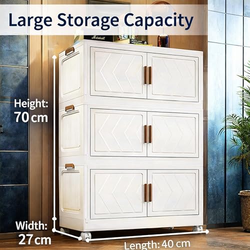 Image of AYSIS 𝟑 𝐓𝐈𝐄𝐑 Plastic Wardrobe for Kids Clothes with Wheels | Multipurpose Collapsible Wardrobe Storage Almirah Wardrobe for Clothes, Kitchen Cupboard | Plastic Cupboard for Kids for Home - Ivory
