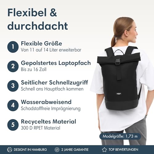 LARKSON Rucksack Damen & Herren Schwarz - Janne Small - Rolltop Rucksack mit Laptopfach für Uni, Arbeit, Reise & Fahrrad - Backpack Tagesrucksack Klein - Wasserabweisend