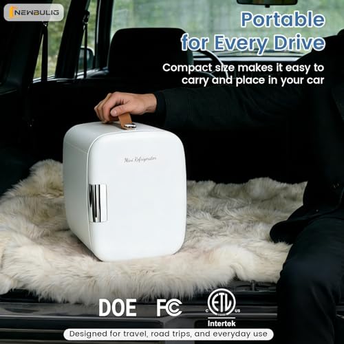 Image of NEWBULIG Mini Fridge for Bedroom, Office & Car, Portable 4L /4.23QT Mini Refrigerator for Skincare with Handle, Ultra-Quiet Energy-Saving Compact Cooler for Drinks, Food, Skincare & Makeup, 12V AC /DC