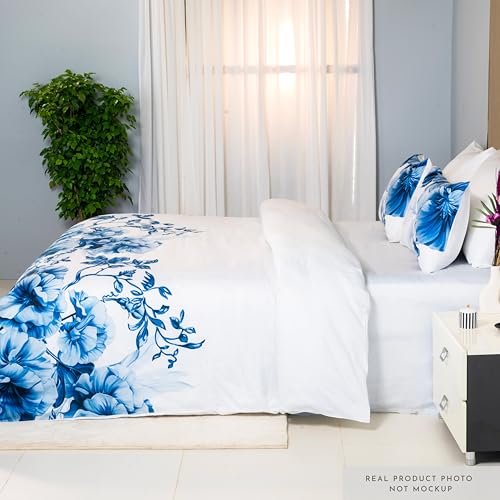 Image of Digitally Printed with Reactive Ink Tech | 300 TC 100% Organic Cotton Premium Bedsheet Set | Ultra-Soft Satin-Like Finish - Floral Azure Blue